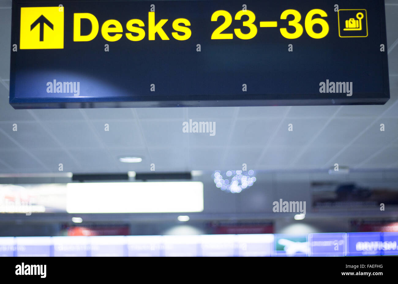 Airport desks information sign light panel giving directions in