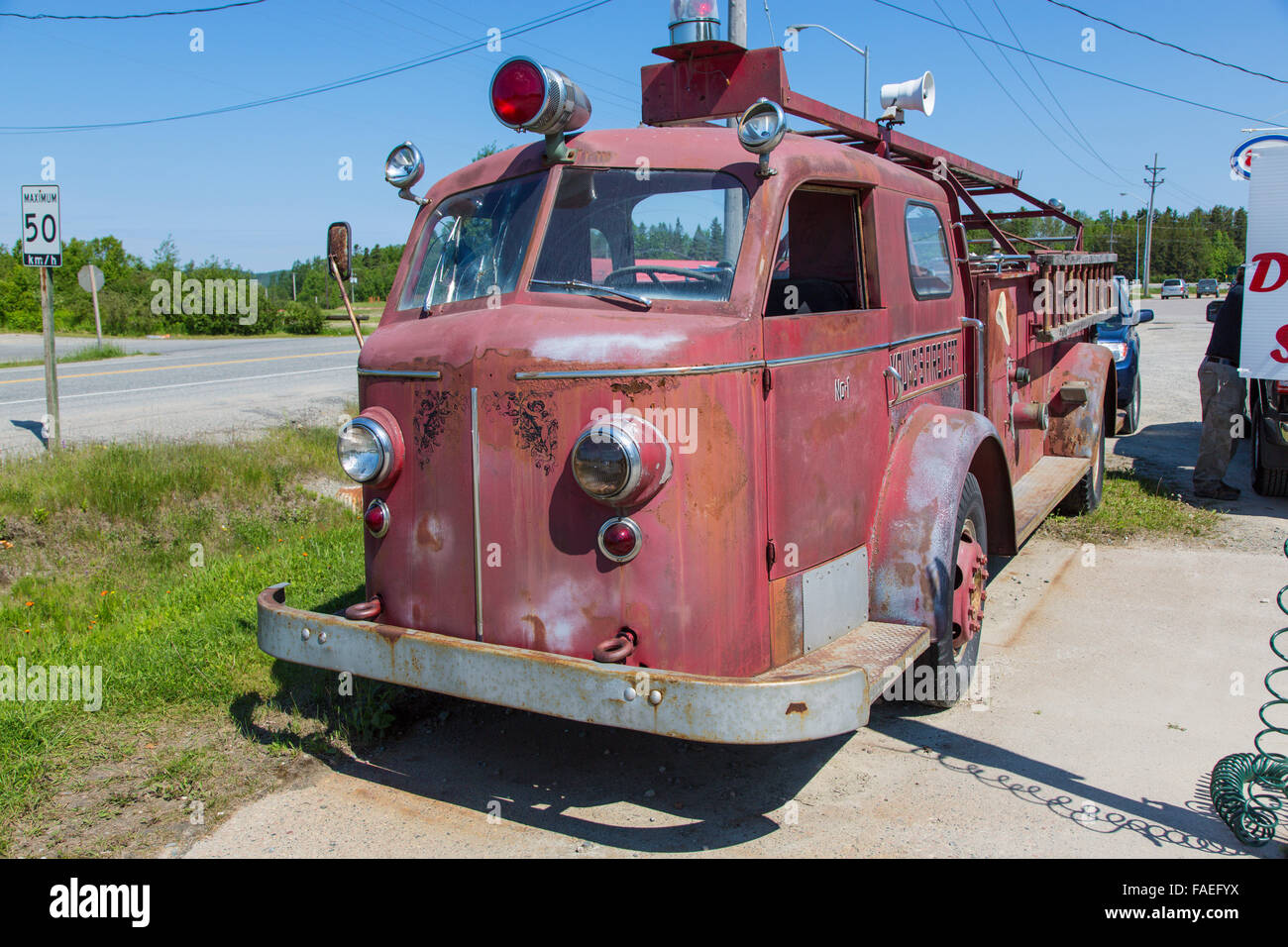 Old fire truck at Youngs Store in Wawa Ontario Canada Stock Photo