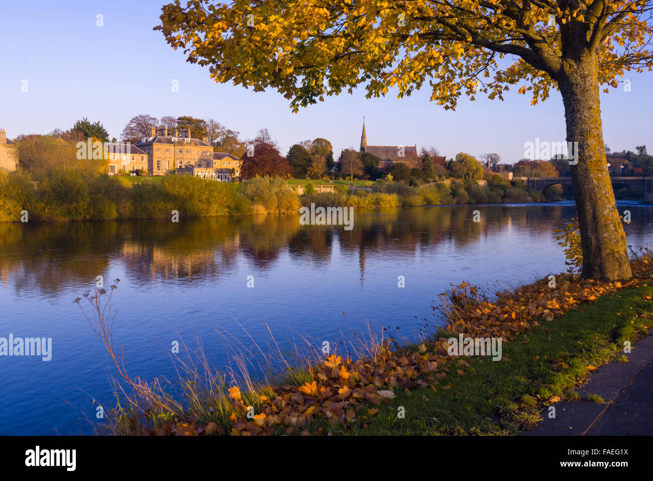Autumn season in Kelso, Scotland Ednam House Hotel and the town seen