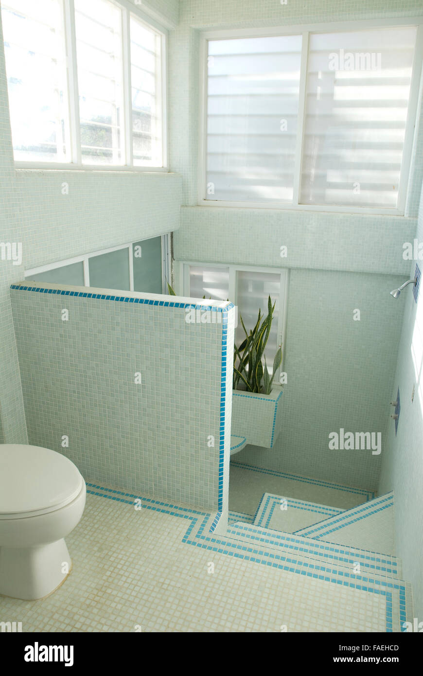 Acapulco, Mexico: Glass tiled bathroom built in home on side of mountain.  Shower on lower level Stock Photo - Alamy