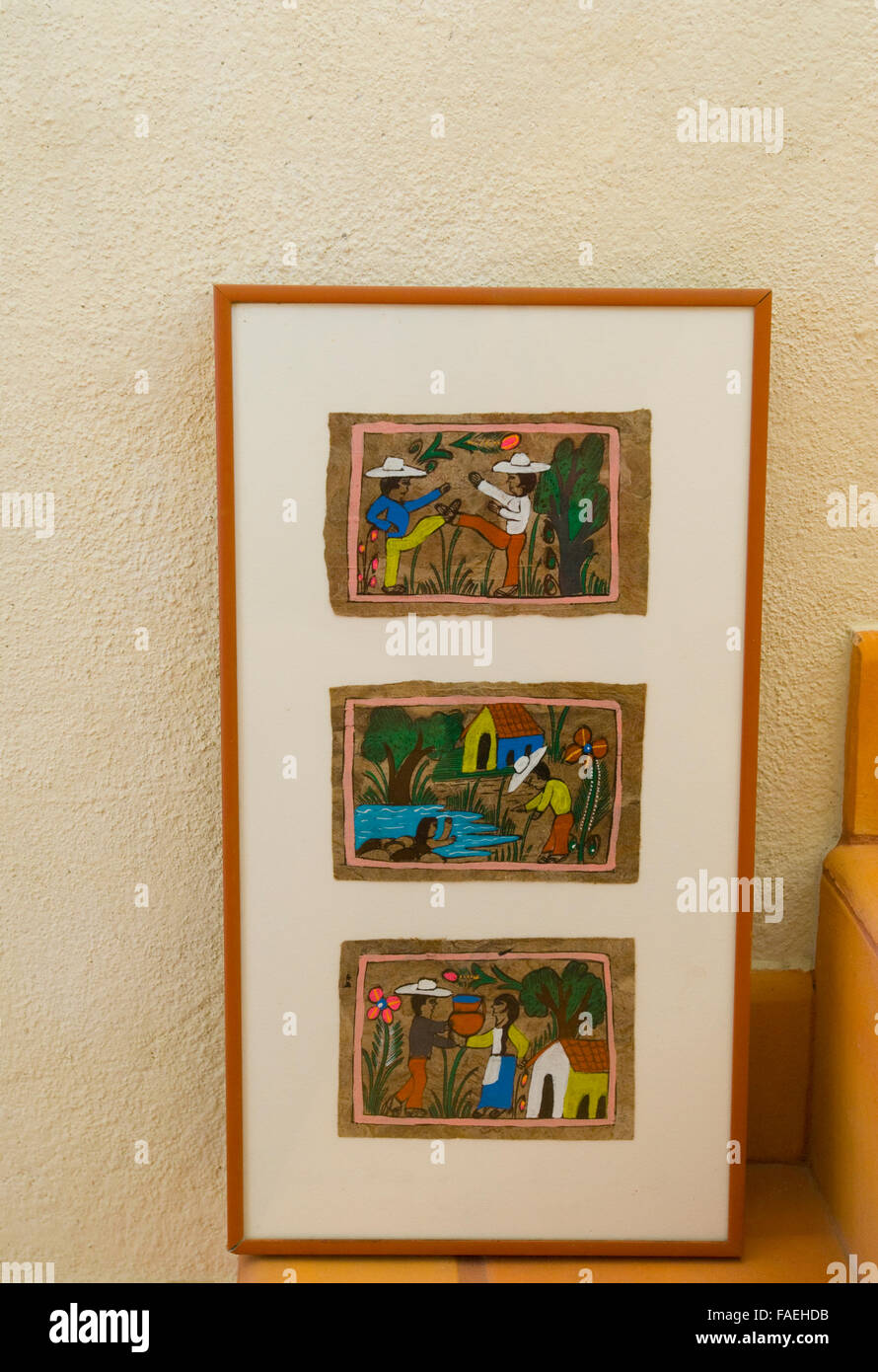 Paintings on handmade amate paper, Mexico: Stock Photo