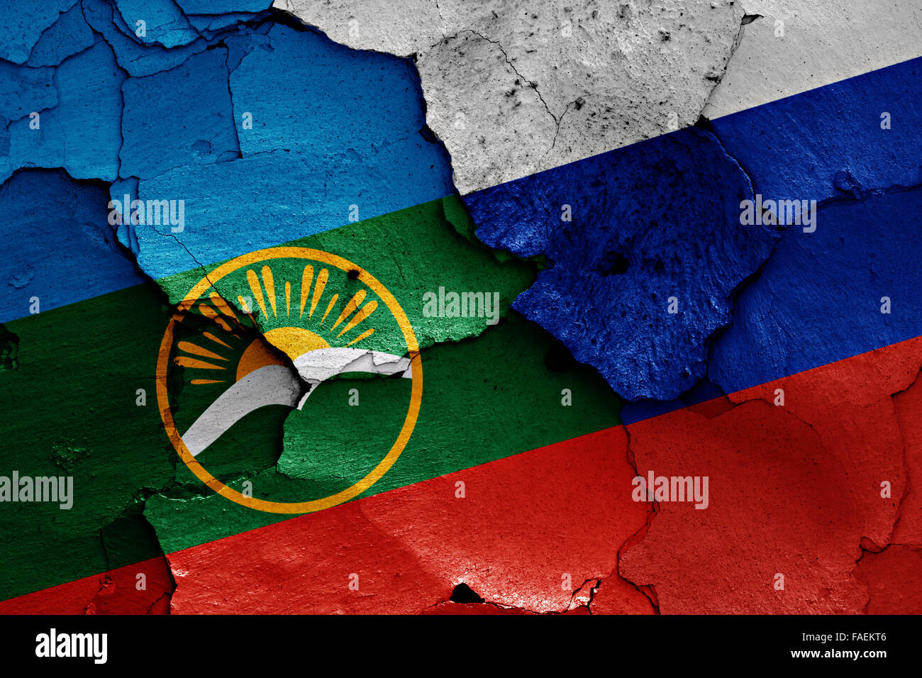 flags of Karachay-Cherkessia and Russia painted on cracked wall Stock Photo
