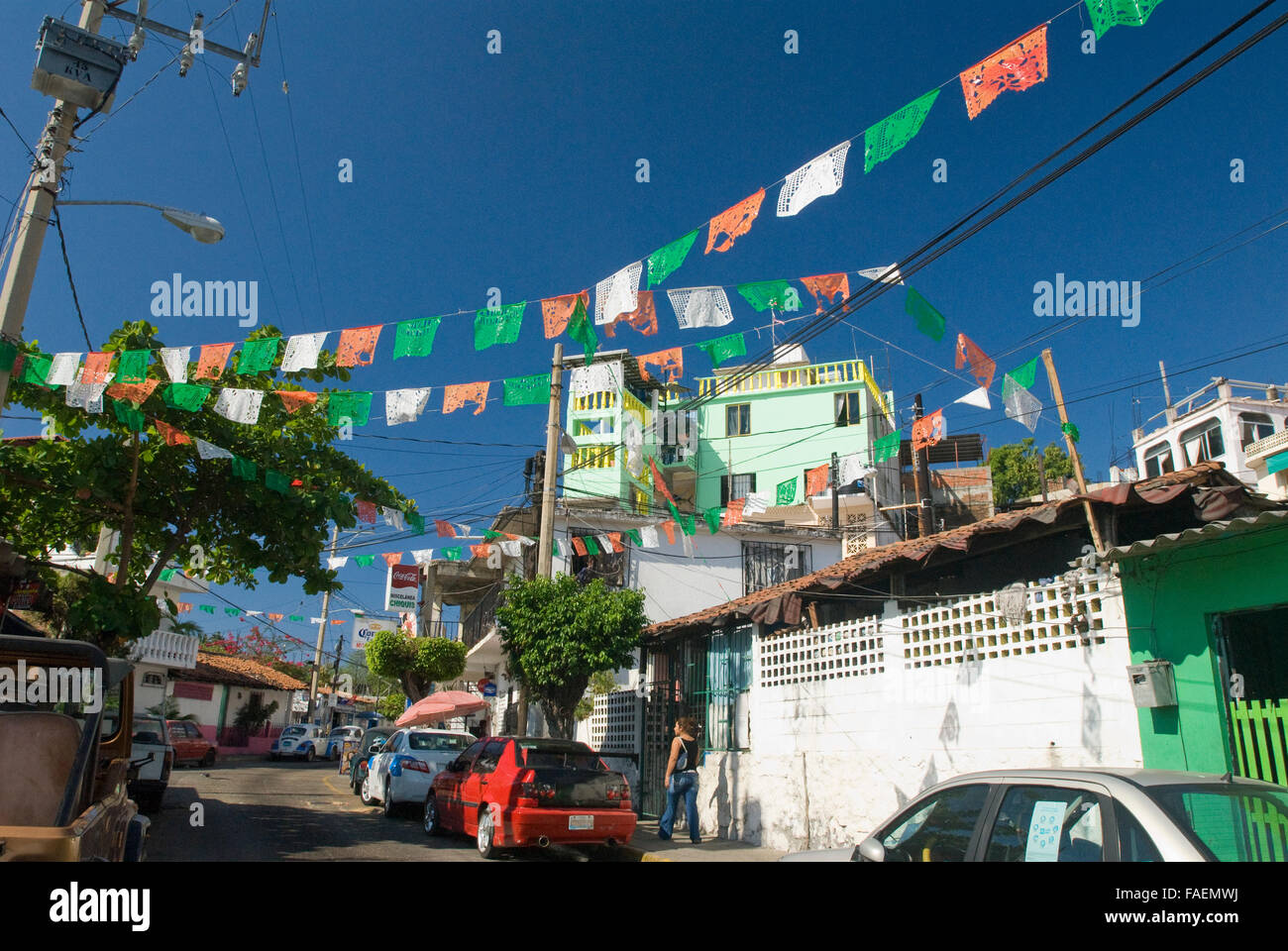 Colorful flags and banners above streets of Acapulco, Mexico Stock Photo
