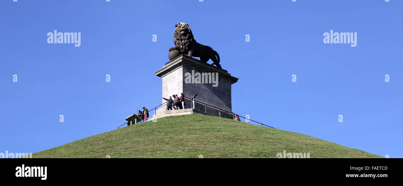 The statue of a lion on top of the Lion's Mound Built on the battlefield of Waterloo. Stock Photo