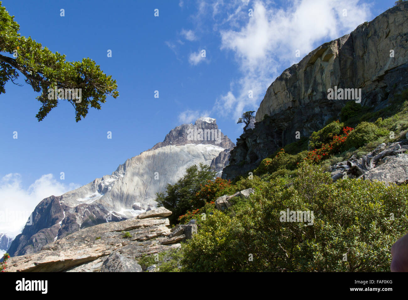 Peaks of Los Cuernos in Torres del Paine, Patagonia, Chile on sunny day. Stock Photo