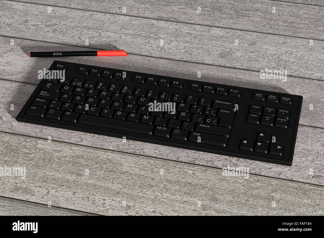 3d rendering of a black spanish keyboard and red marker on wooden table. From above Stock Photo