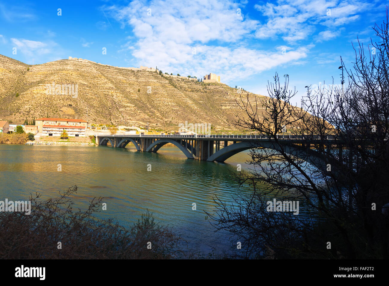 View of Bridge over reservoir of Mequinenza. Aragon, Spain Stock Photo