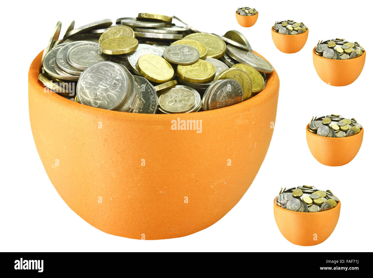 five small pot and one large pot of coins on white background Stock Photo Alamy
