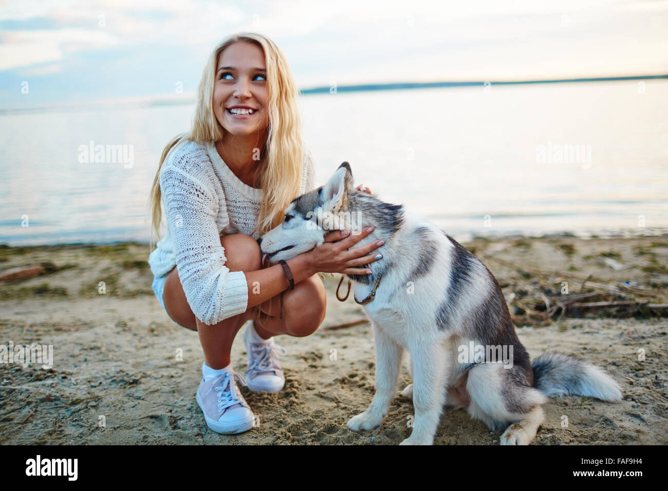 Happy young woman at the beach with her pet dog Stock Photo - Alamy