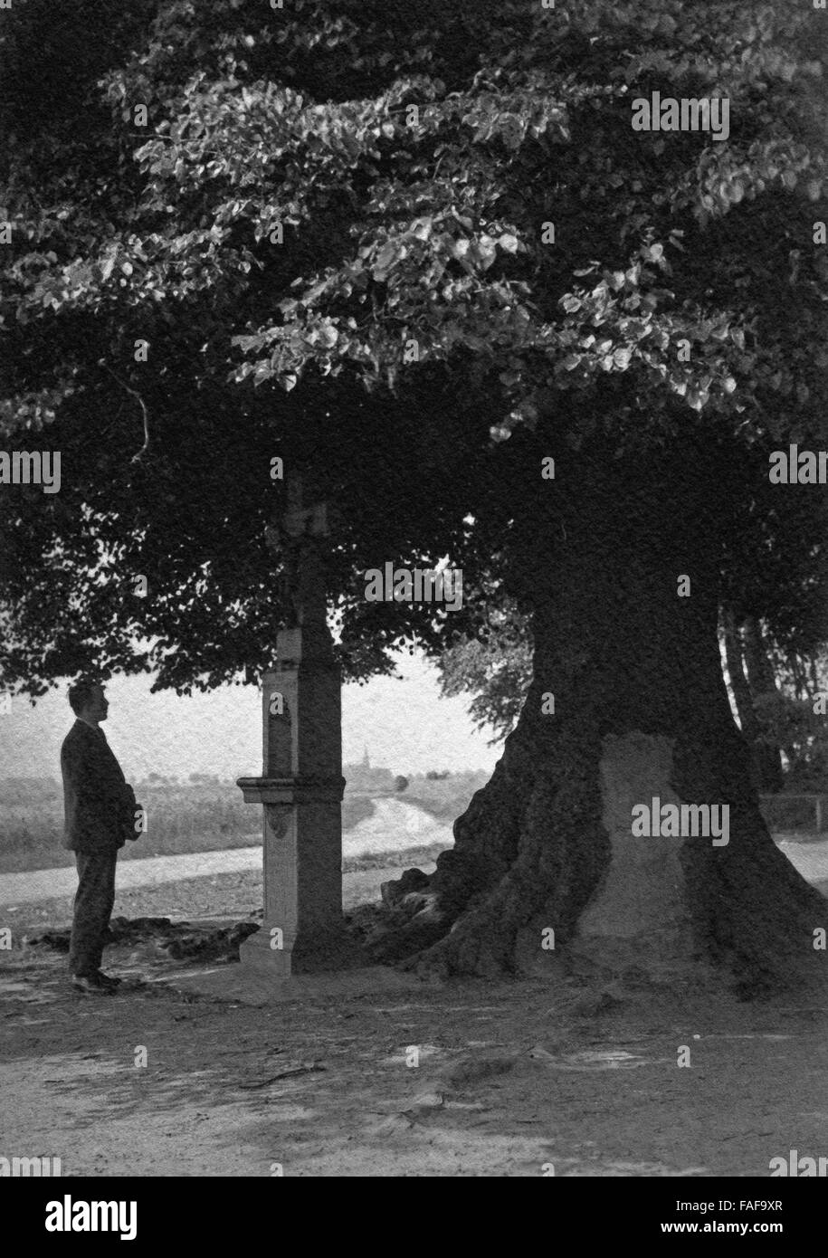 Ein Mann betet an einem Wegekreuz unter einer Linde im Nüssenberger Busch im Norden von Köln, Deutschland 1920er Jahre. A man saying a prayer at a wayside cross at Nuessenberger Busch forest in the North of Cologne, Germany 1920s. Stock Photo