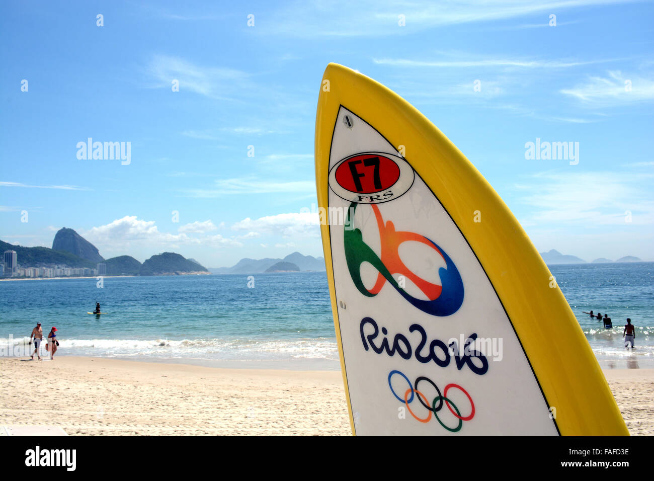 Rio Olympic City In 16 Sign On Surf Board Copacabana Beach Rio De Janeiro Brazil Stock Photo Alamy