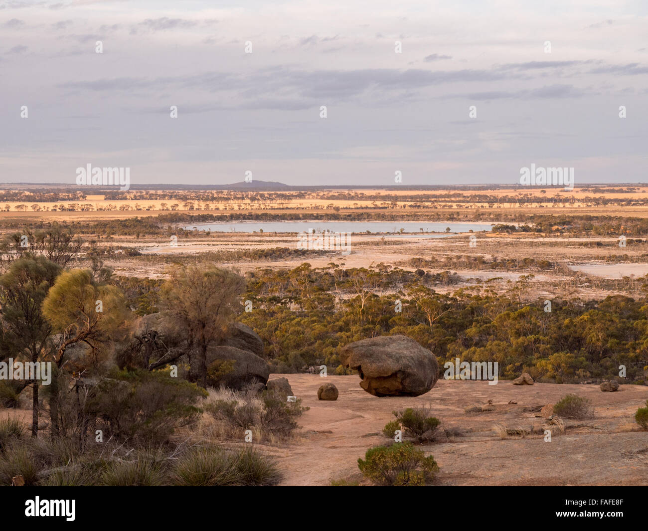 View of Lake Magic and Kokerbin Rock from the top of Wave Rock, Hyden, Western Australia Stock Photo
