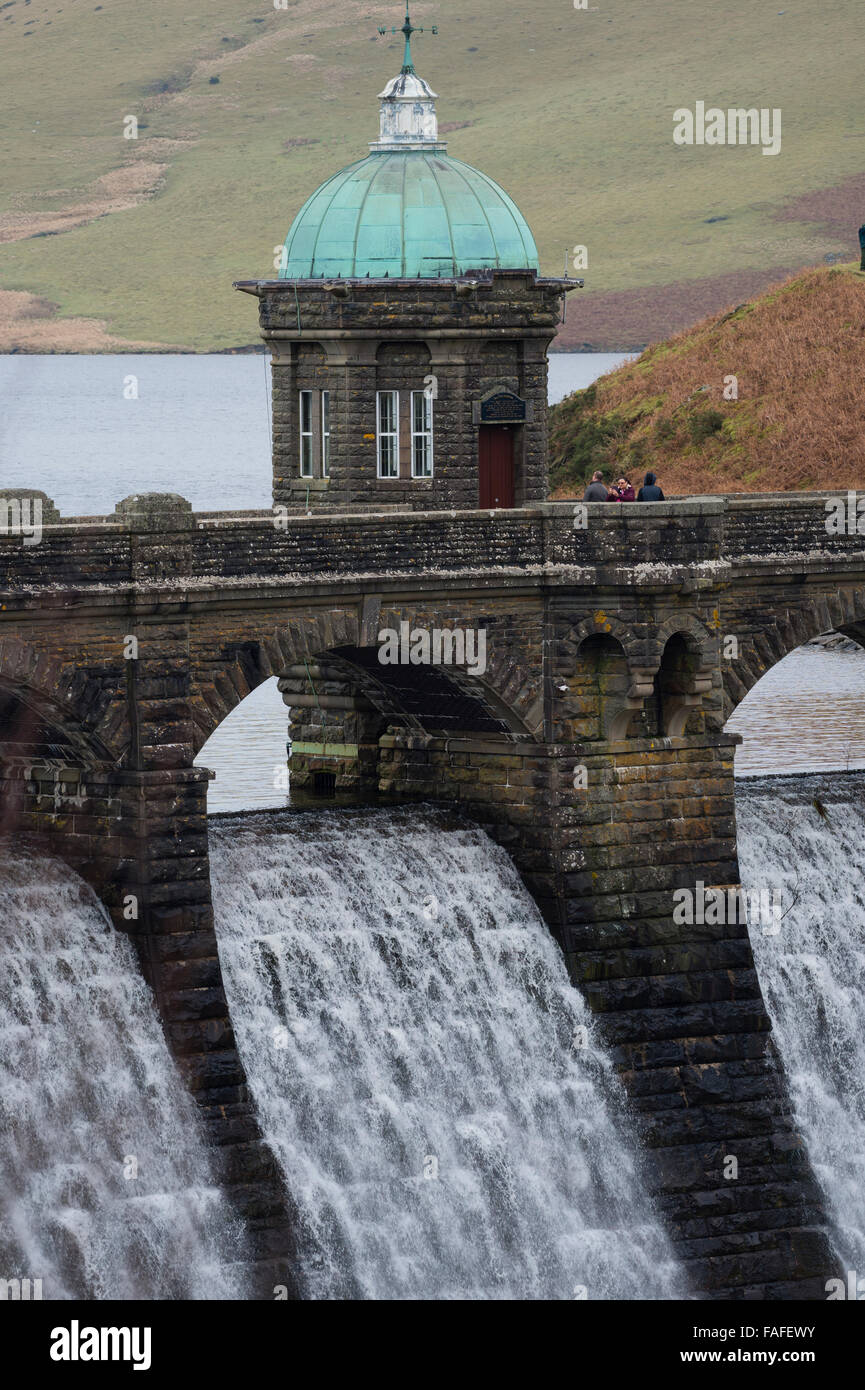 Water overflowing spilling over Craig Goch dam and reservoir, Elan