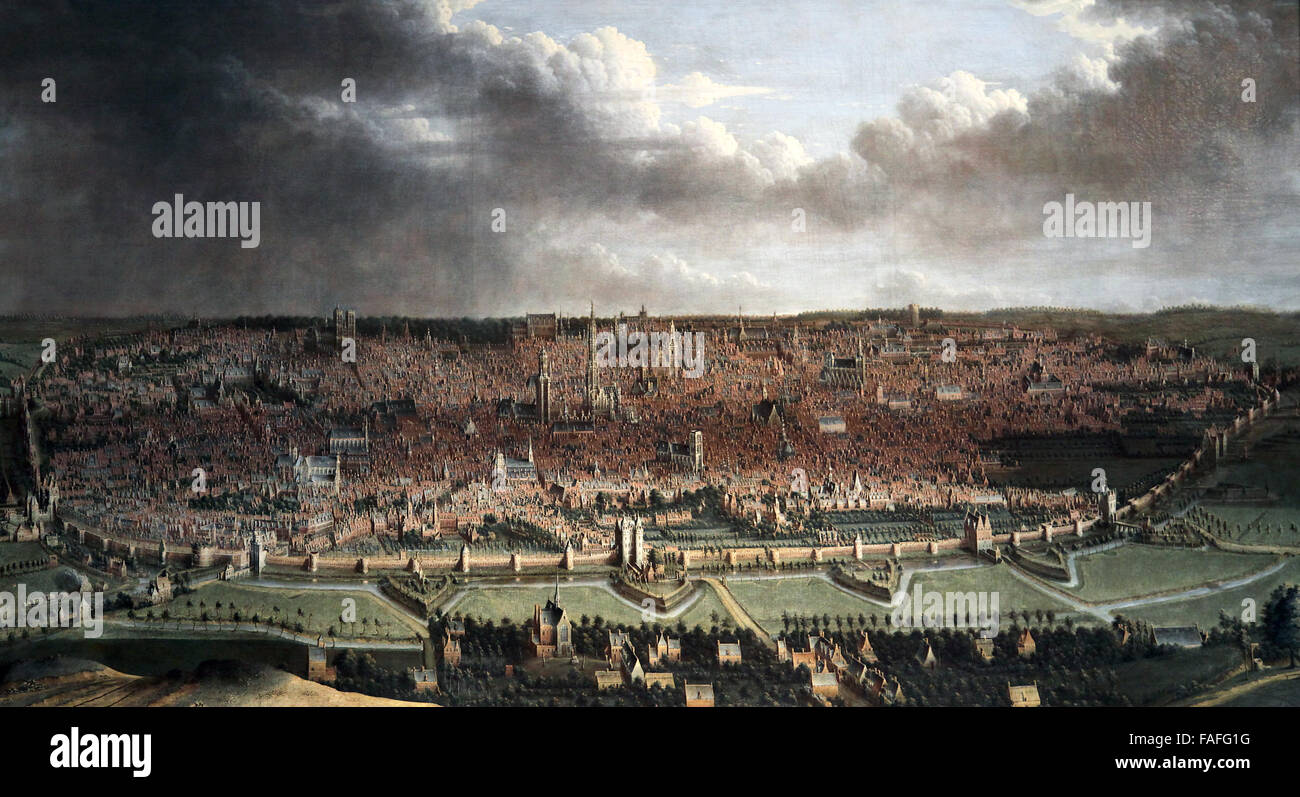 View of Brussels 1665 by Jean Baptiste Bonnecroy 1618-1676.Panoramic view of the city of Brussels in the 17th century.  Legacy Stock Photo