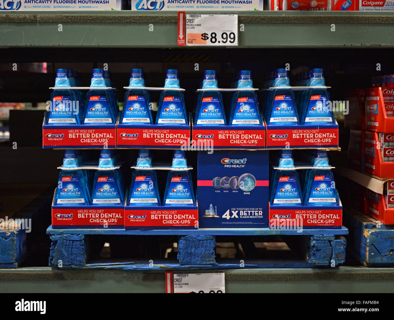 Large bottles of Crest Pro Health mouth wash for sale at BJ's Wholesale Club in Whitestone, Queens, New York. Stock Photo