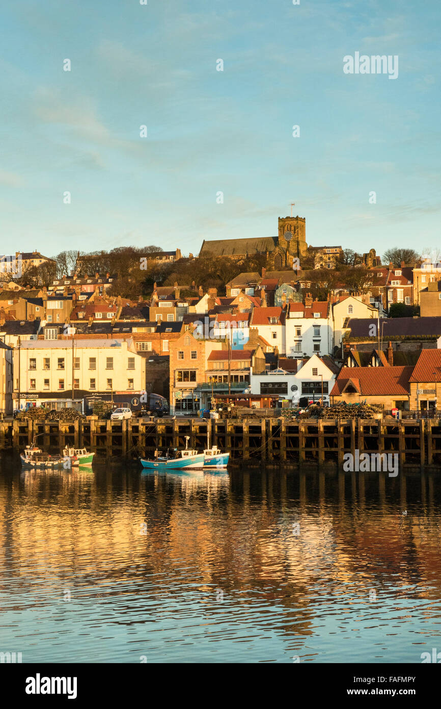 Scarborough Harbour at Winter Dawn, North Yorkshire Stock Photo