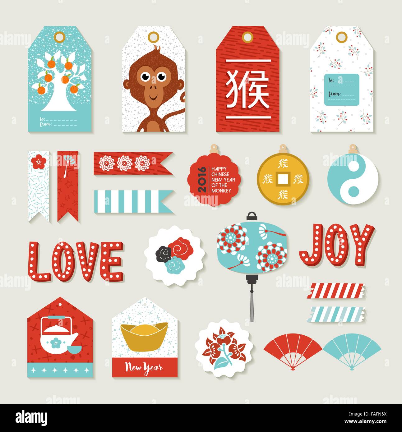 2016 happy chinese new year of the monkey. diy print set with tags