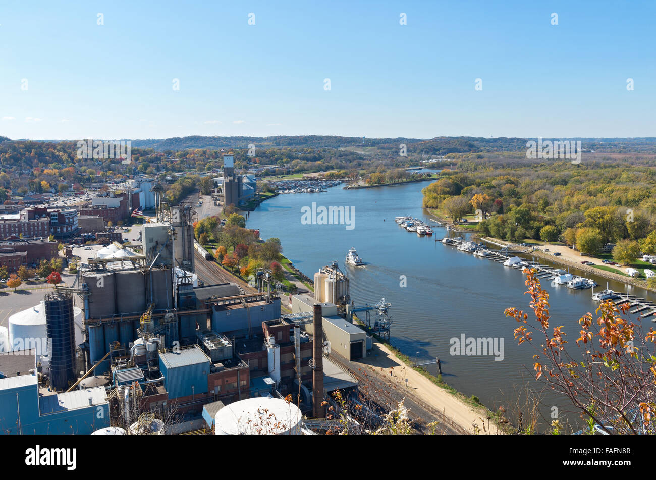 aerial view of red wing minnesota mississippi river industry and marina from atop barn bluff Stock Photo