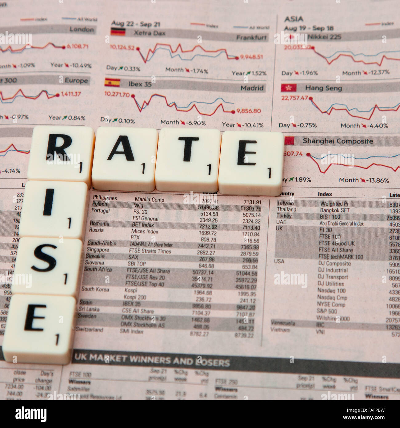 Rate Rise spelt in scrabble letters Stock Photo