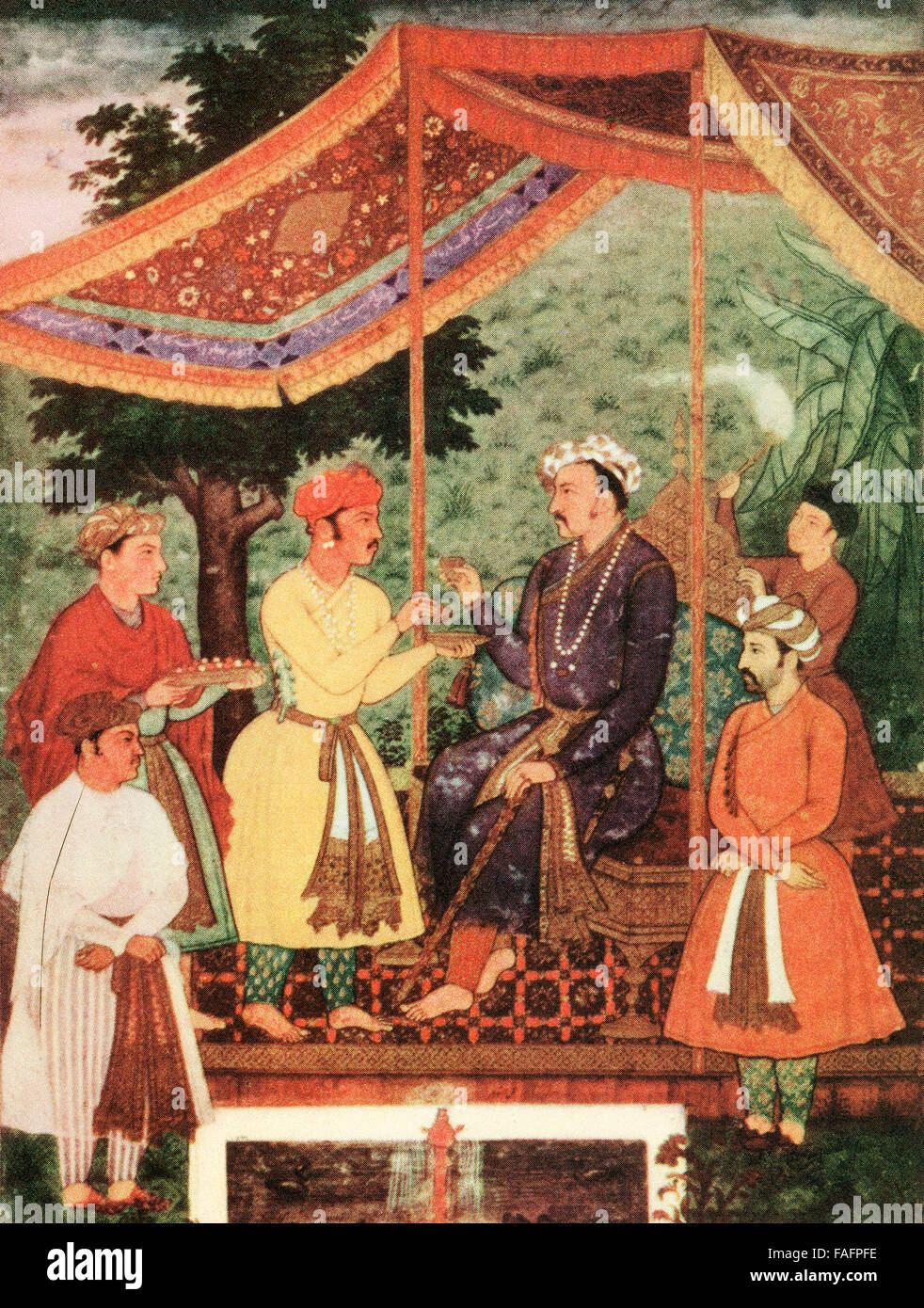 Nur-ud-din Mohammad Salim, known by his imperial name Jahangir, 1569 –1627.  Fourth Mughal Emperor. Depicted here drinking wine under a canopy.  After the painitng by Manohar. Stock Photo