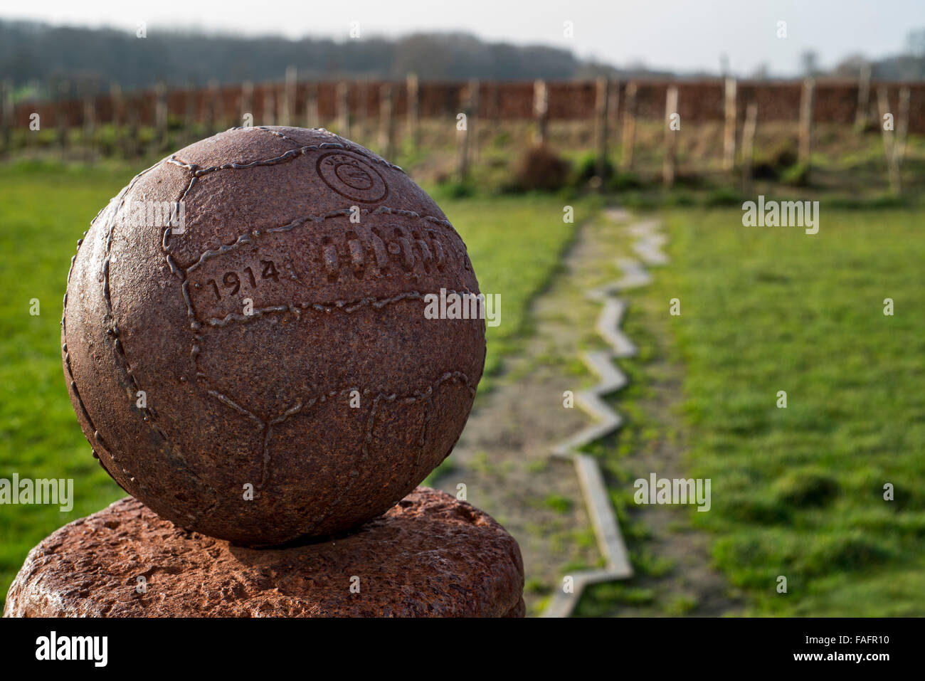 WW1 monument for Christmas Truce football match played between English and German troops at Ploegsteert, West Flanders, Belgium Stock Photo