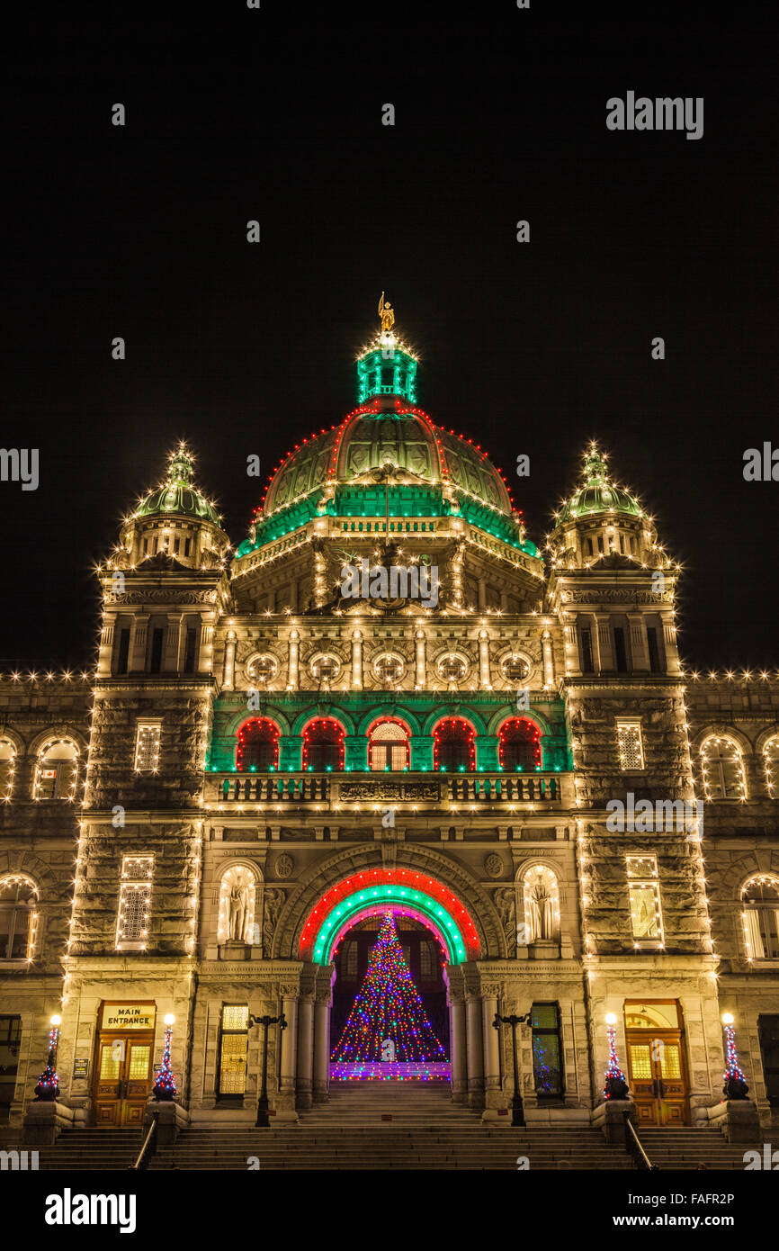 British Columbia legislative buildings illuminated in Christmas colours Stock Photo