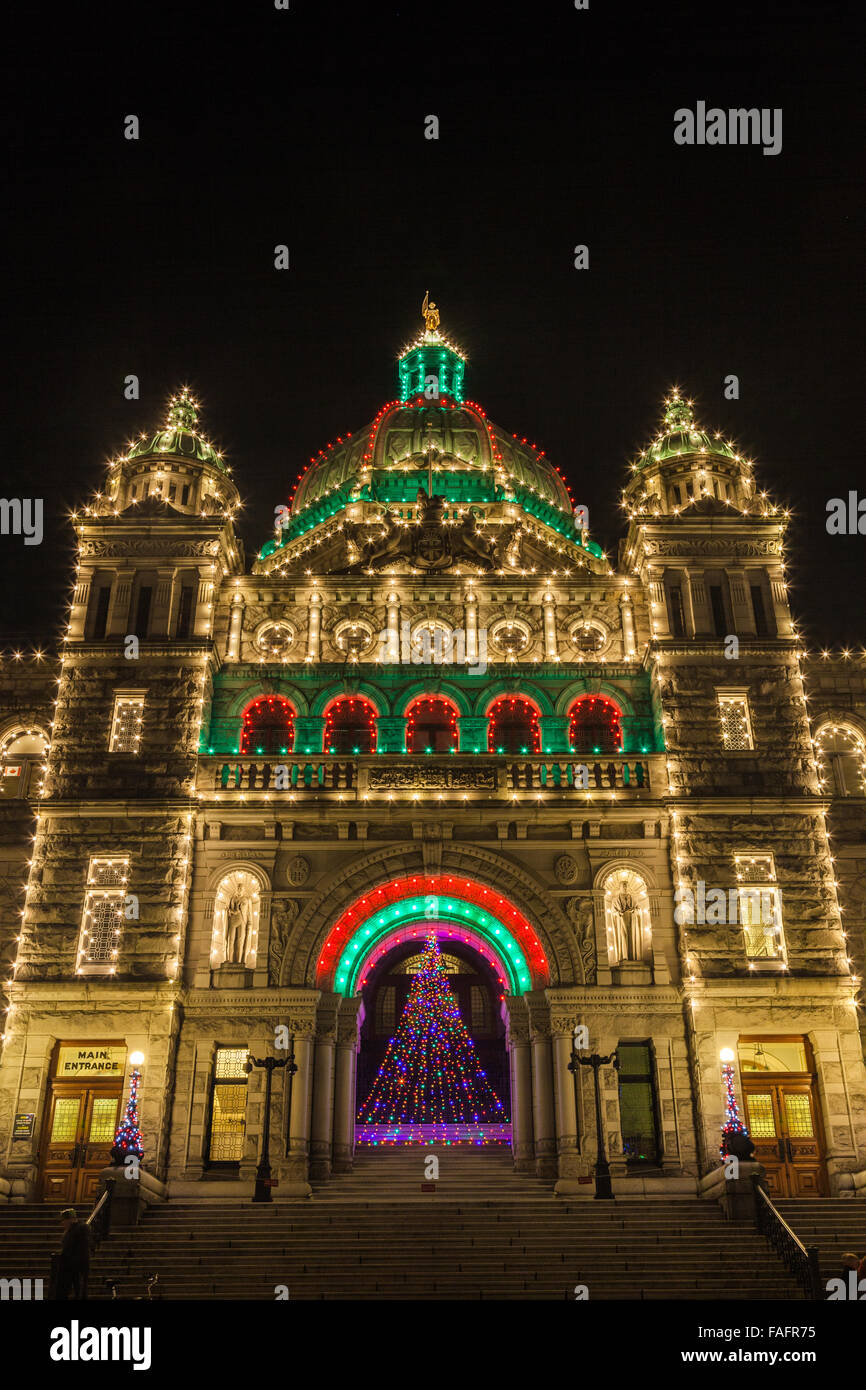 British Columbia legislative buildings illuminated in Christmas colours Stock Photo