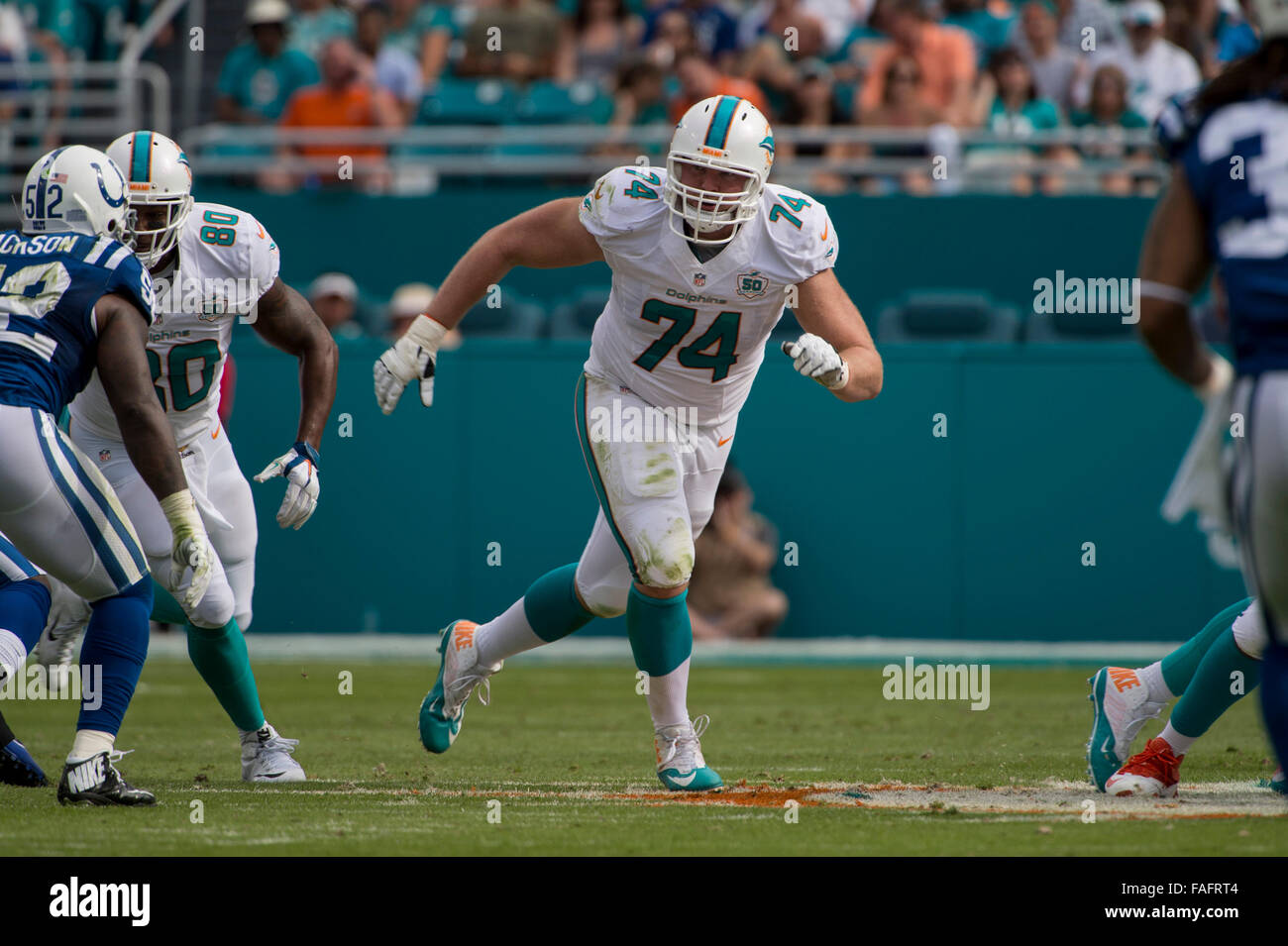 Miami Gardens FL, USA. 27th Dec, 2015. Jason Fox #74 of Miami in action  during the NFL football game between the Miami Dolphins and Indianapolis  Colts at Sun Life Stadium in Miami