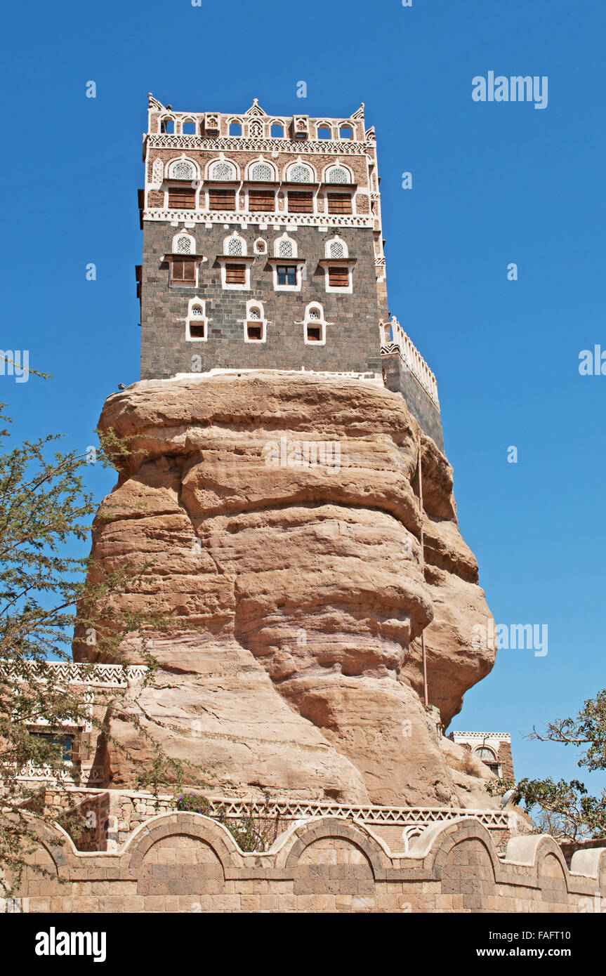 Dar al-Hajar, Dar al Hajar, the Rock Palace in Wadi Dhahr valley, royal palace near Sana'a, iconic symbol of Yemen Stock Photo