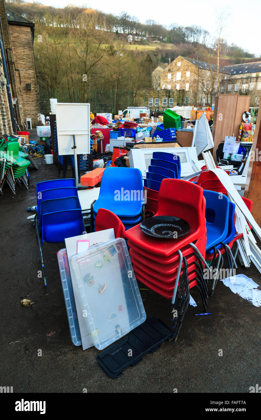 Hebden Bridge, UK. 29th Dec, 2015. School furniture, books and