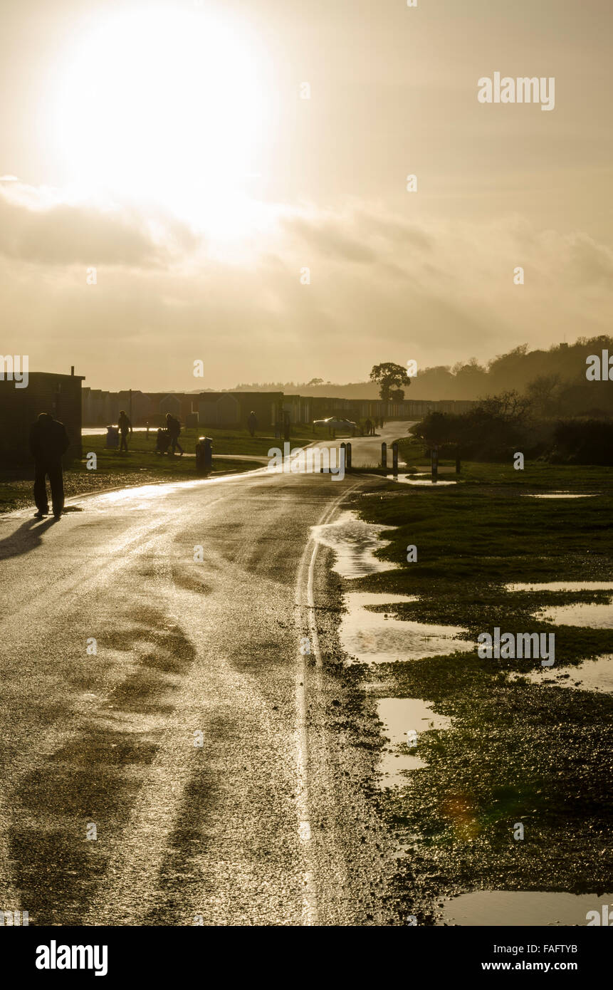 winter sunlit landscape wet coastal road Stock Photo