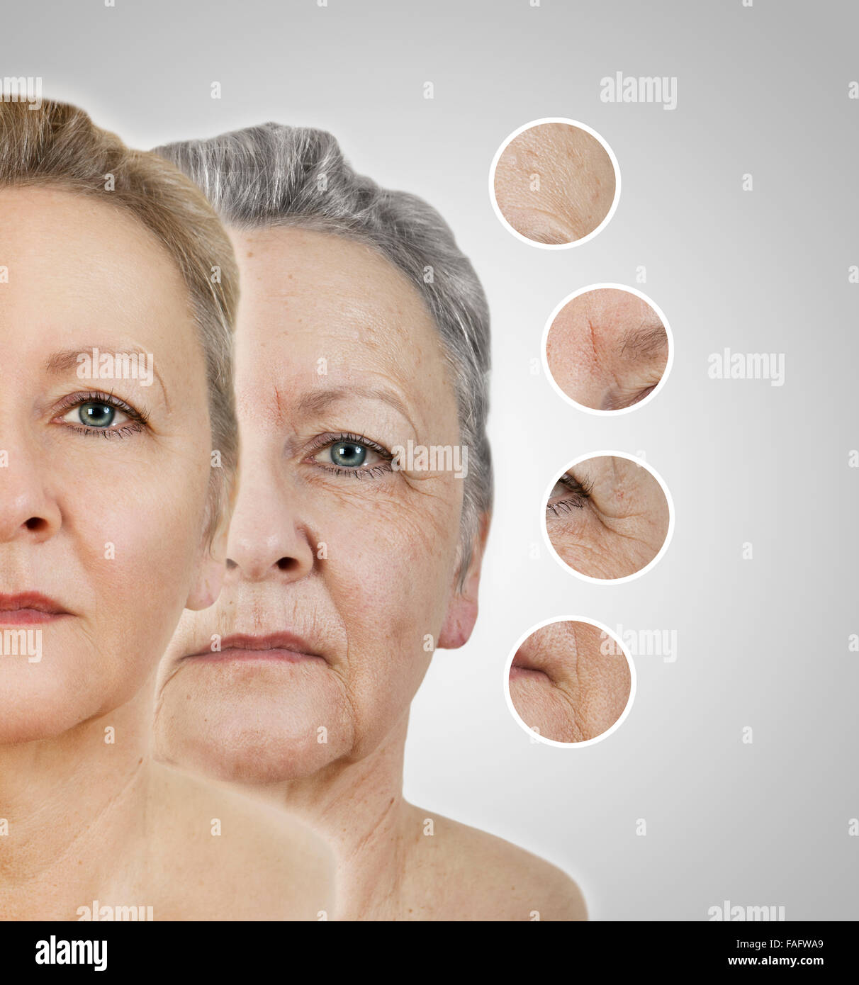 the face of an old woman as collage with smoothed areas Stock Photo
