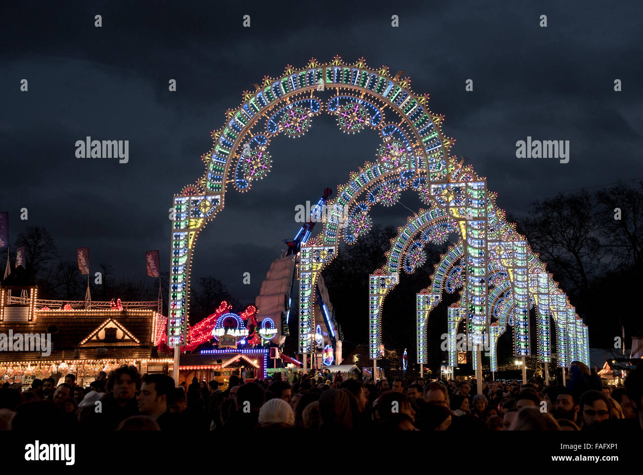 People at Winter Wonderland amusement park  in Hyde park in London UK during Christmas and New year’s celebrations Stock Photo