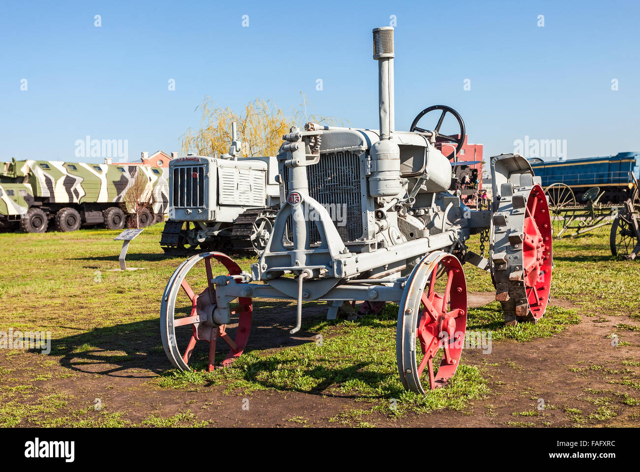 Old Soviet tractor 'Universal-2' for agricultural purposes in Togliatti Technical museum Stock Photo
