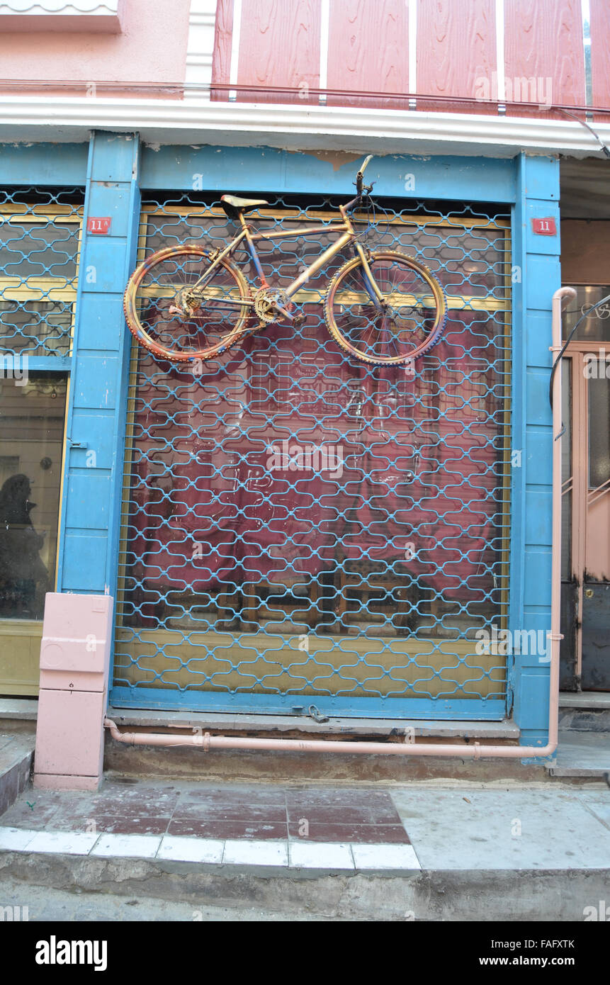 bicycle on roll down market shutter Stock Photo