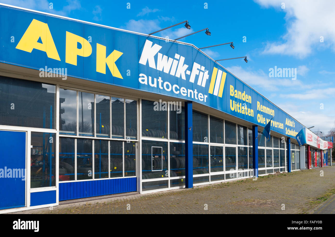 ZWOLLE, NETHERLANDS - MARCH 22, 2015: Kwik-Fit car service station exterior. Kwik-Fit Europe BV is one of the largest car servic Stock Photo