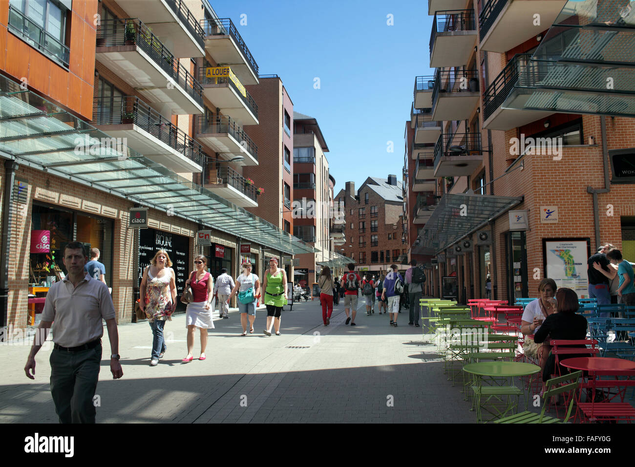 Rue Charlemagne, a pedestrian street in the traffic-free town centre of Louvain-la-Neuve, Belgium. Stock Photo