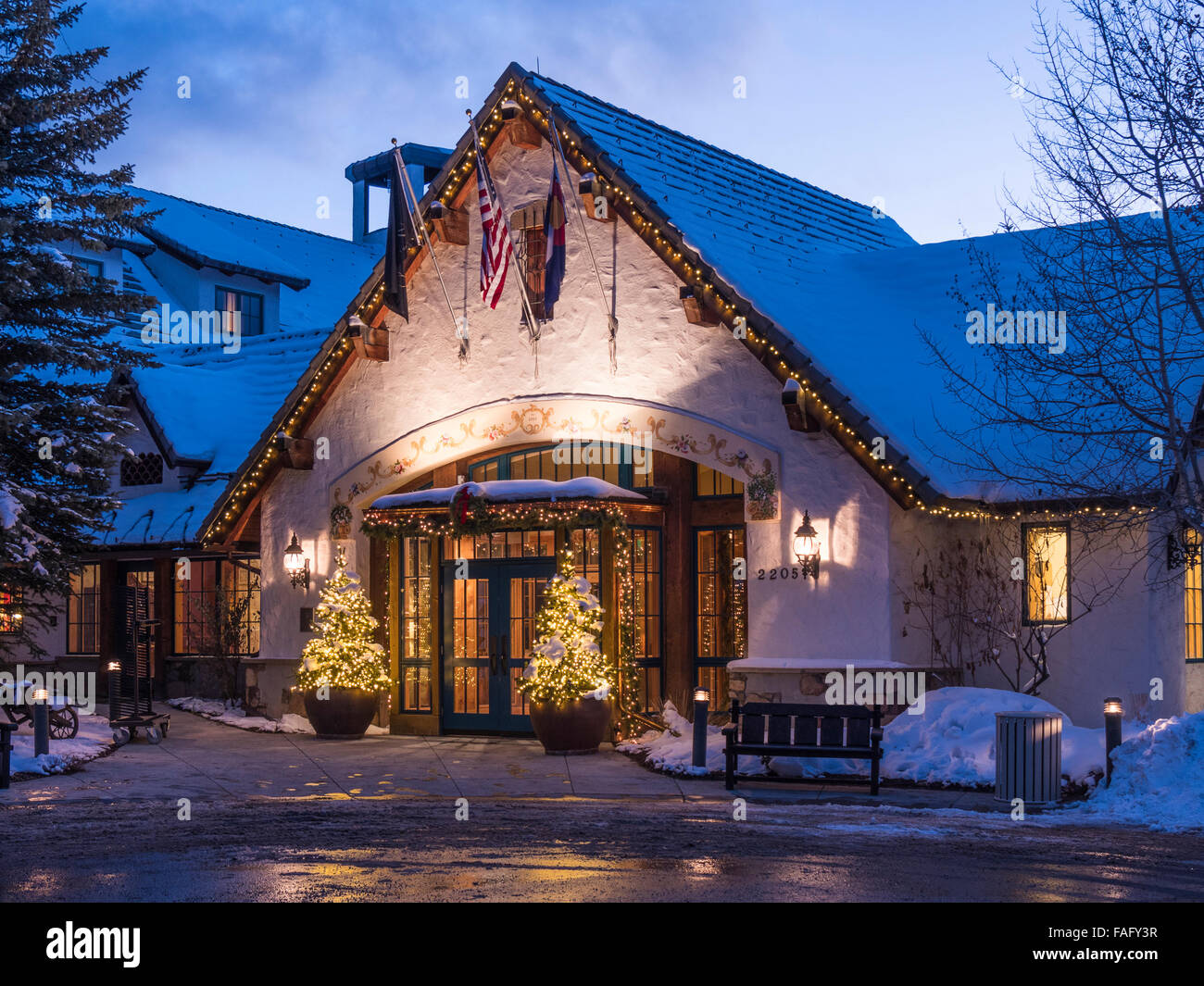 Lodge and Spa at Cordillera, dusk, winter, Edwards, Colorado Stock