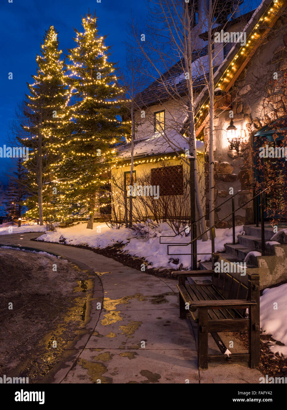 Lodge and Spa at Cordillera, dusk, winter, Edwards, Colorado Stock