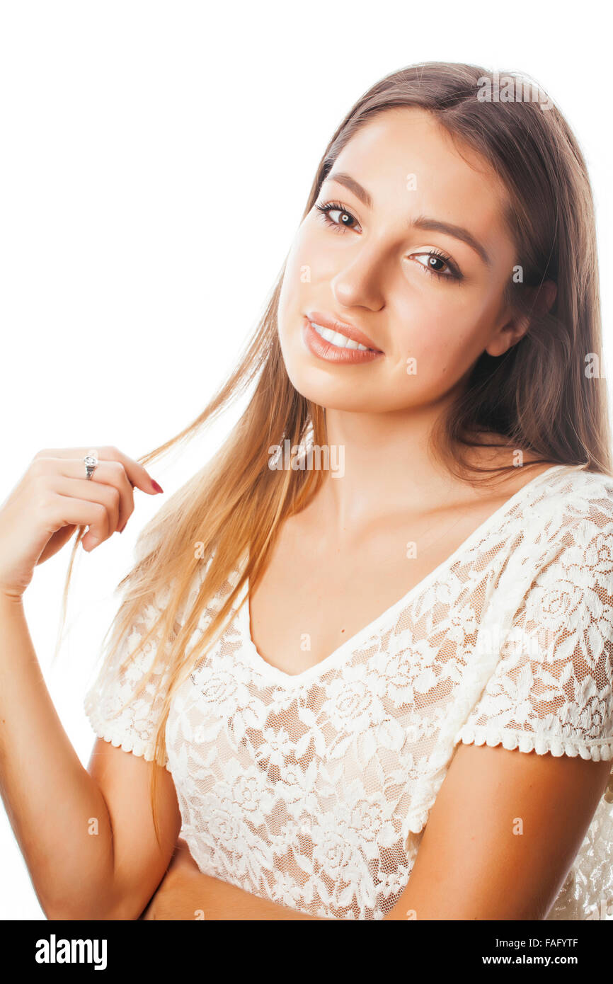 young beauty woman smiling dreaming isolated on white close up ...