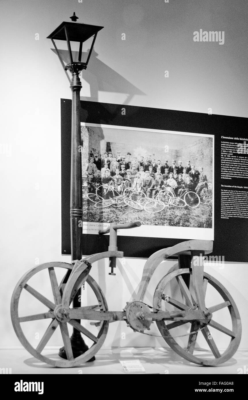 A replica of a bicycle invention stands in the Leonardiano Museum in Vinci, Italy.  Once thought to be invented by Leonardo da V Stock Photo