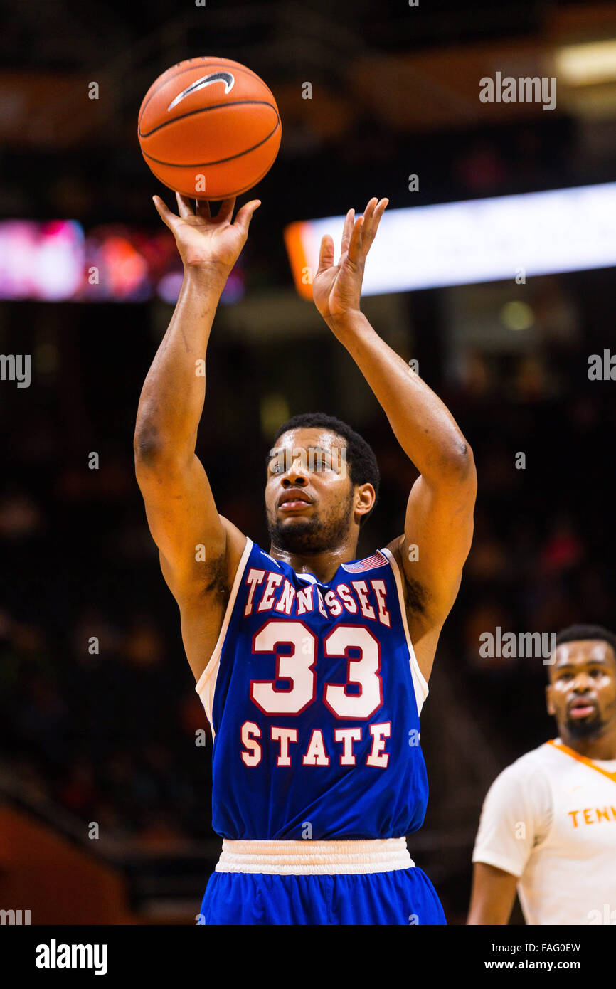 Knoxville, Tennessee, USA. 29th Dec, 2015. Wayne Martin #33 of the Tennessee State Tigers shoots a free throw during the NCAA basketball game between the University of Tennessee Volunteers and the Tennessee State University Tigers at Thompson Boling Arena in Knoxville TN  Credit:  Tim Gangloff/Cal Sport Media/Alamy Live News Stock Photo