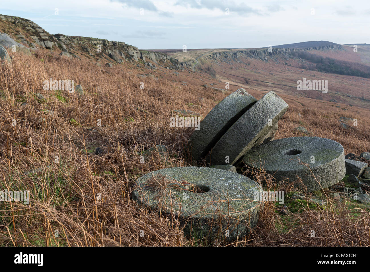Abandoned mill stones at Stanage Edge, Derbyshire Stock Photo
