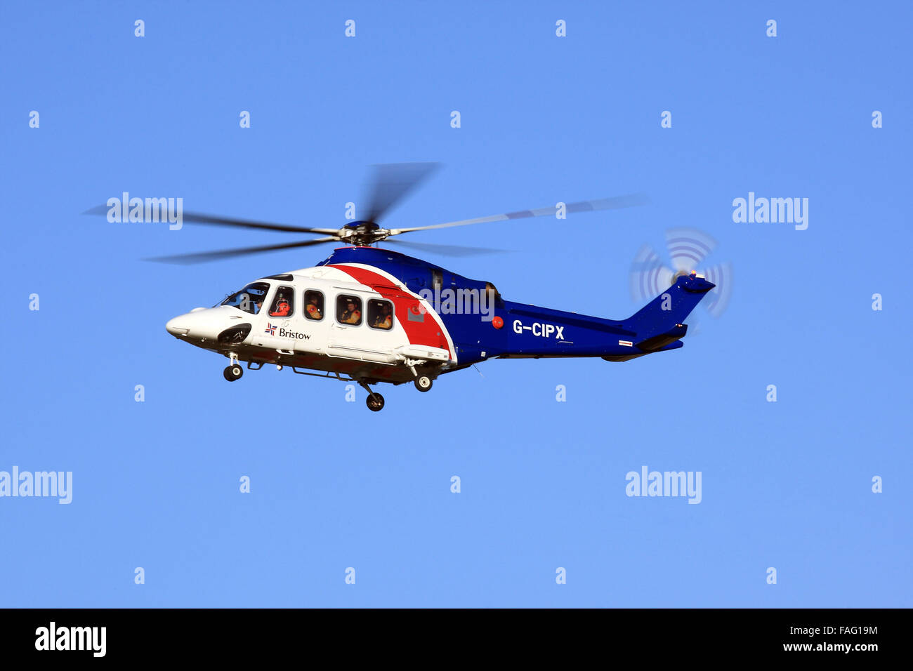 Bristow Helicopters Agusta/Westland AW139 G- CIPW helicopter ferrying North Sea Oil workers to Norwich International Airport. Stock Photo
