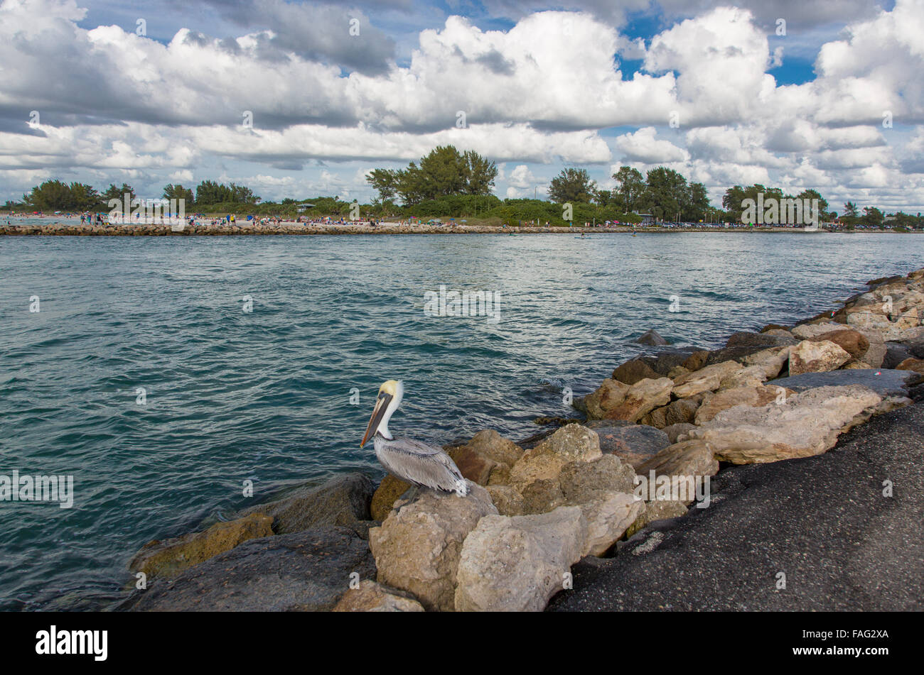 South Jetty and channel from Gulf Intercoastal Waterway to Gulf of Mexico in Venioe Florida Stock Photo