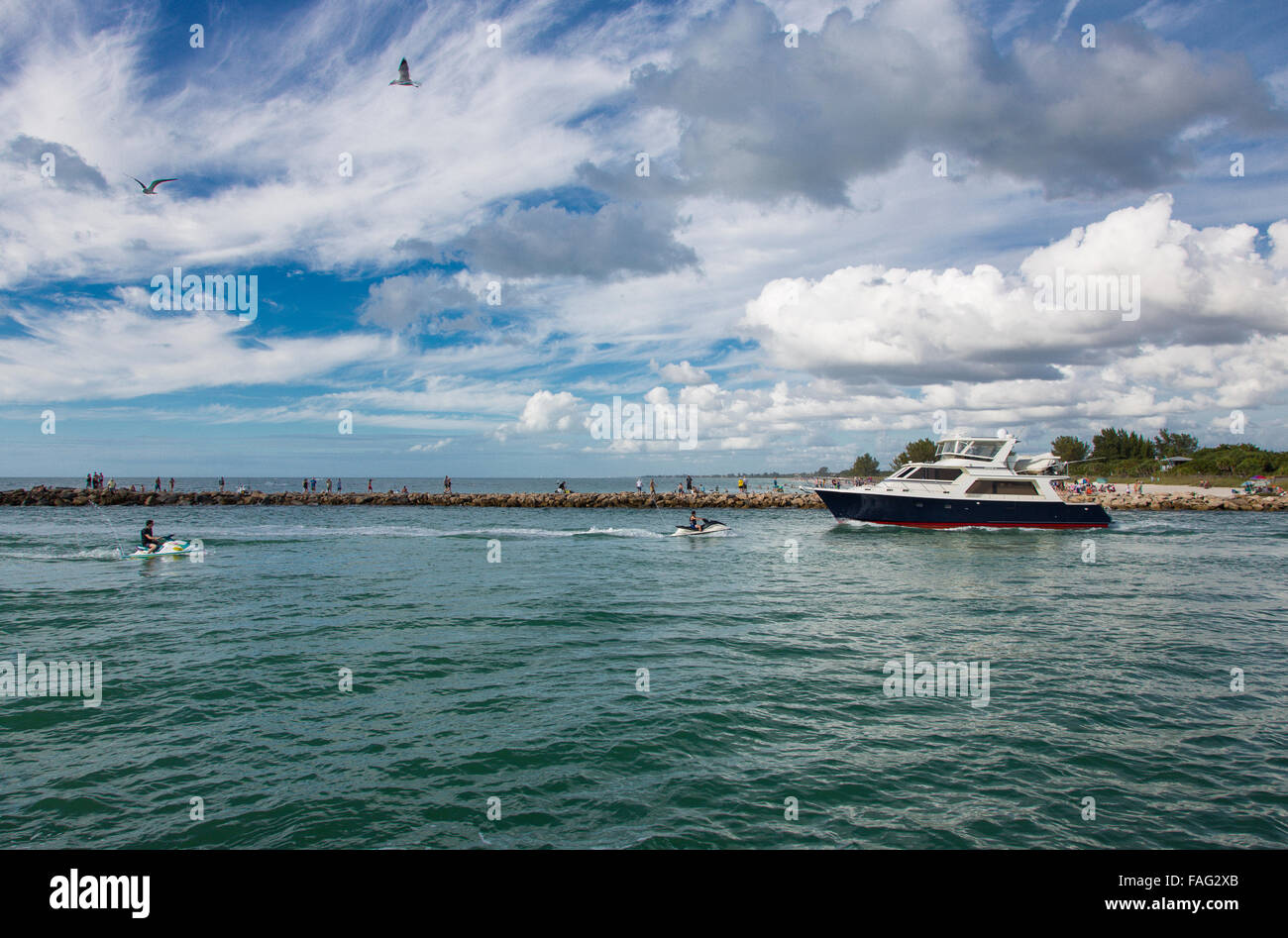 North Jetty and channel from Gulf Intercoastal Waterway to Gulf of Mexico in Venioe Florida Stock Photo