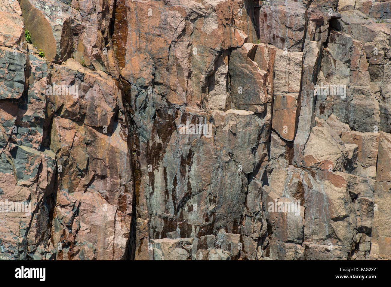 Closeup of rock wall on cliff on the north shore of Lake Superior in Ontario Canada Stock Photo