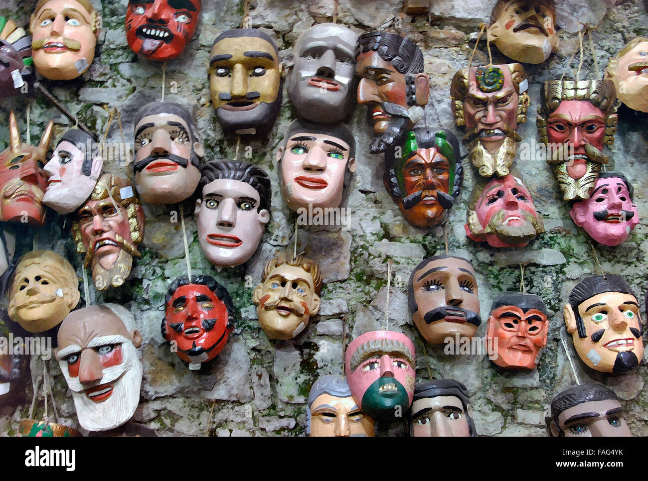 Masks hanging on wall of shop, Antiqua, Guatamala Stock Photo Alamy
