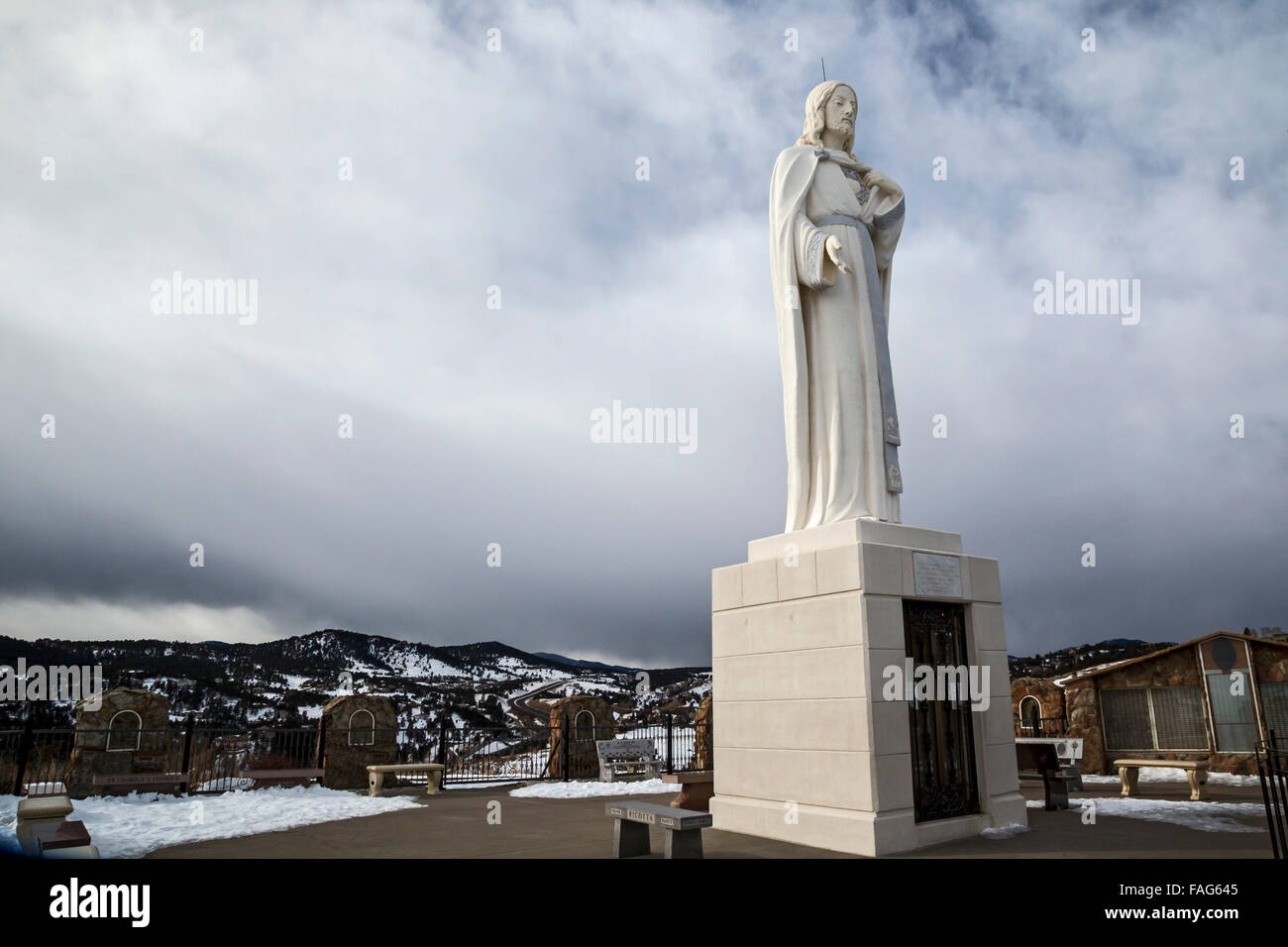 Golden, Colorado - A statue of Jesus at the Mother Cabrini shrine on Lookout Mountain above Denver. Stock Photo