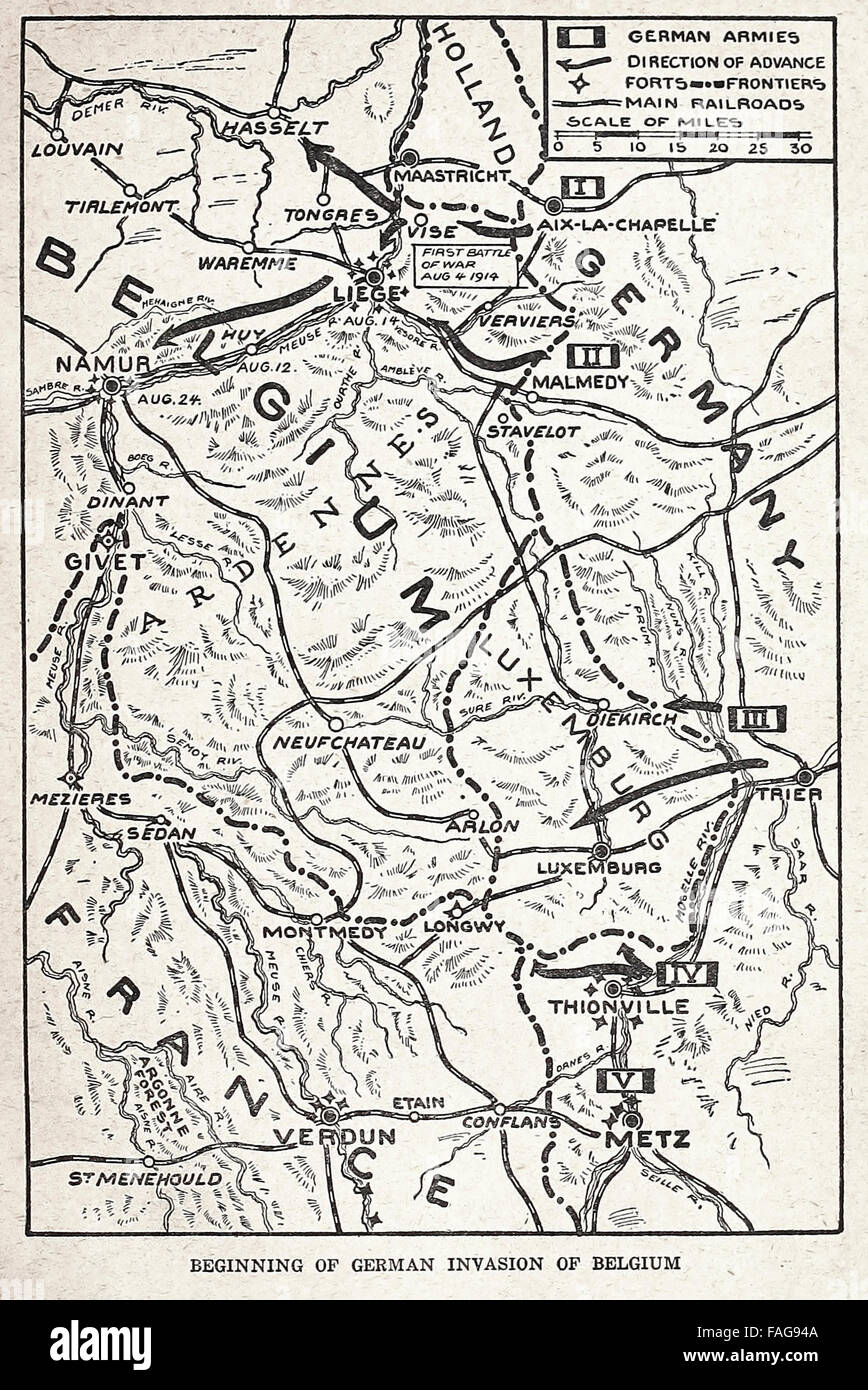 Map of German invasion of Belgium - 1914 Stock Photo